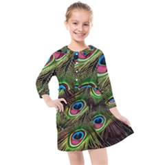 Peacock Feathers Color Plumage Kids  Quarter Sleeve Shirt Dress by Celenk