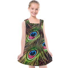 Peacock Feathers Color Plumage Kids  Cross Back Dress by Celenk