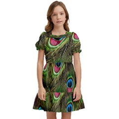 Peacock Feathers Color Plumage Kids  Puff Sleeved Dress by Celenk