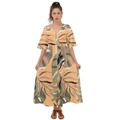 Leaves Monstera Picture Print Pattern Kimono Sleeve Boho Dress by Ravend