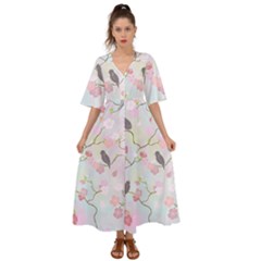 Bird Blossom Seamless Pattern Kimono Sleeve Boho Dress by Ravend