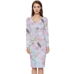 Bird Blossom Seamless Pattern Long Sleeve V-neck Bodycon Dress  by Ravend