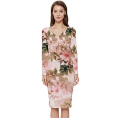 Flower Plant Vintage Retro Long Sleeve V-neck Bodycon Dress  by Ravend