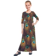 Peacock Feathers Kids  Quarter Sleeve Maxi Dress by Ravend