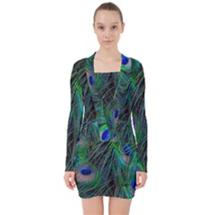 Beautiful Peacock Feathers V-neck Bodycon Long Sleeve Dress by Ravend