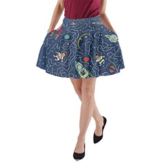 Illustration Cat Space Astronaut Rocket Maze A-line Pocket Skirt by Ravend