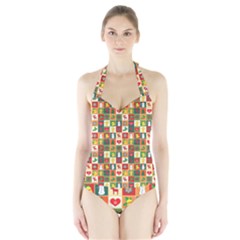 Xmas Christmas Pattern Halter Swimsuit by danenraven