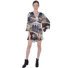 Lovely Gondola Ride - Venetian Bridge V-neck Flare Sleeve Mini Dress by ConteMonfrey