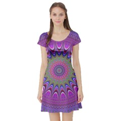 Art Mandala Design Ornament Flower Short Sleeve Skater Dress by Ravend