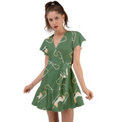 Gold Santa s Sleigh Green Print Flutter Sleeve Wrap Dress by TetiBright