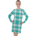 Turquoise small Plaids  Long Sleeve Hoodie Dress View1