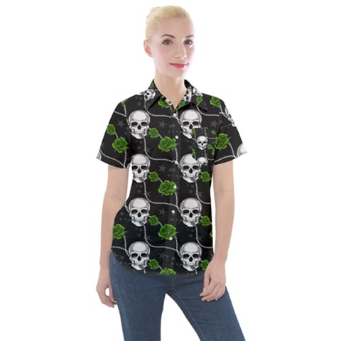 Green Roses And Skull - Romantic Halloween   Women s Short Sleeve Pocket Shirt by ConteMonfrey