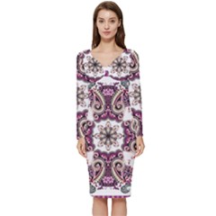 Multicolored Pattern Illustration Purple Peacock Long Sleeve V-neck Bodycon Dress  by Jancukart