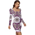 Multicolored Pattern Illustration Purple Peacock Women Long Sleeve Ruched Stretch Jersey Dress View2