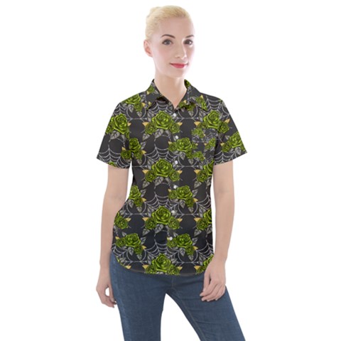 Halloween - Green Roses On Spider Web  Women s Short Sleeve Pocket Shirt by ConteMonfrey