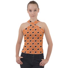 Halloween Black Orange Spiders Cross Neck Velour Top by ConteMonfrey