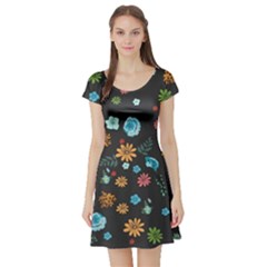 Floral Flower Leaves Background Floral Short Sleeve Skater Dress by Ravend