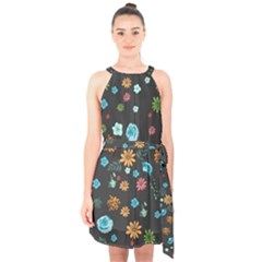 Floral Flower Leaves Background Floral Halter Collar Waist Tie Chiffon Dress by Ravend