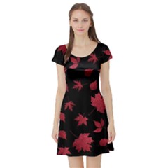 Red Autumn Leaves Autumn Forest Short Sleeve Skater Dress by Ravend