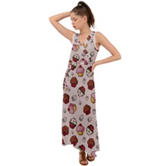 Cake Cupcake Sweet Dessert Food V-neck Chiffon Maxi Dress by Ravend