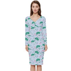 Illustration Flower Pattern Wallpaper Seamless Long Sleeve V-neck Bodycon Dress  by Ravend