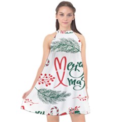 Merry Xmas Seamless Christmas Pattern Halter Neckline Chiffon Dress  by danenraven