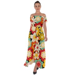 Floral Retro Vintage Blossom Off Shoulder Open Front Chiffon Dress by Ravend