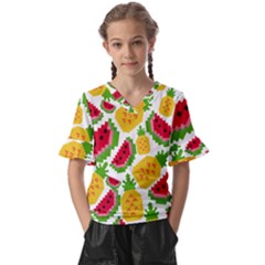 Watermelon Pattern Fruit Summer Kids  V-neck Horn Sleeve Blouse by Wegoenart