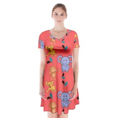 Elephant Cartoon Animal Monkey Short Sleeve V-neck Flare Dress by Wegoenart