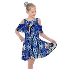 Cobalt On Gold Symmetry Kids  Shoulder Cutout Chiffon Dress by kaleidomarblingart