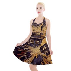 Brown And Black Abstract Painting Doctor Who Tardis Vincent Van Gogh Halter Party Swing Dress  by danenraven