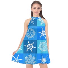 Xmas Christmas Pattern Snow Background Blue Decoration Halter Neckline Chiffon Dress  by danenraven