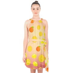 Fruits-gradient,orange Halter Collar Waist Tie Chiffon Dress by nateshop