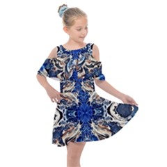 Gold On Cobalt Kids  Shoulder Cutout Chiffon Dress by kaleidomarblingart