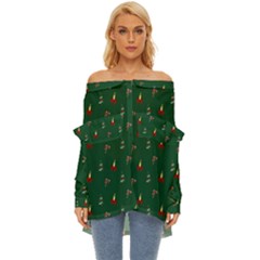 Christmas Background Green Pattern Off Shoulder Chiffon Pocket Shirt by Ravend