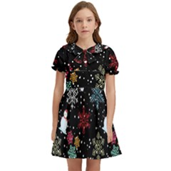 Christmas Thanksgiving Pattern Kids  Bow Tie Puff Sleeve Dress by Ravend