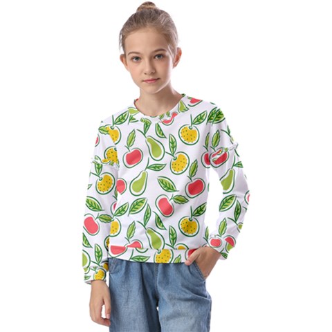 Fruit Fruits Food Illustration Background Pattern Kids  Long Sleeve Tee With Frill  by Ravend