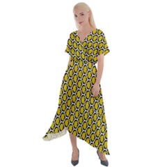 Abstract Beehive Yellow  Cross Front Sharkbite Hem Maxi Dress by ConteMonfrey