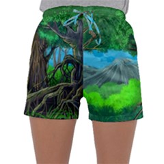 Green Forest Tropical Jungle Tree Wood Nature Sleepwear Shorts by Wegoenart