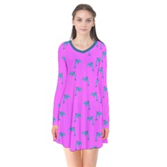 Pink And Blue, Cute Dolphins Pattern, Animals Theme Long Sleeve V-neck Flare Dress by Casemiro