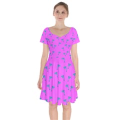 Pink And Blue, Cute Dolphins Pattern, Animals Theme Short Sleeve Bardot Dress by Casemiro