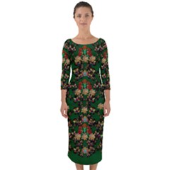 Ganesh Elephant Art With Waterlilies Quarter Sleeve Midi Bodycon Dress by pepitasart