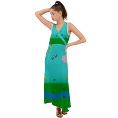 Frog Log Stream River Wallpaper V-neck Chiffon Maxi Dress by Ravend