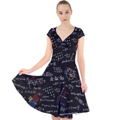 Black Background Text Overlay  Mathematics Formula Cap Sleeve Front Wrap Midi Dress by danenraven