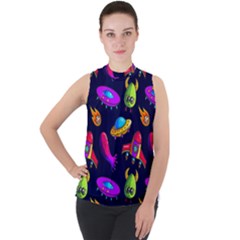 Space Pattern Mock Neck Chiffon Sleeveless Top by Ravend