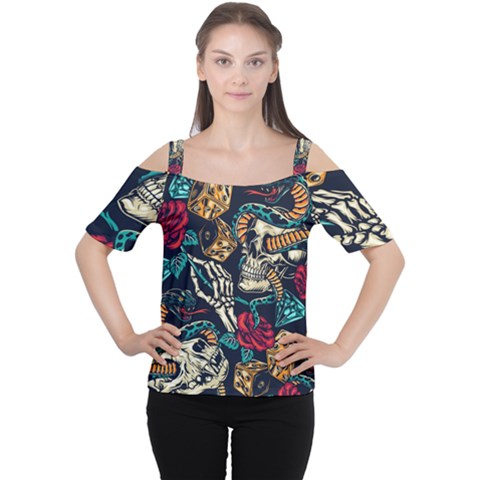 Vintage Art Tattoos Colorful Seamless Pattern Cutout Shoulder Tee by Ravend