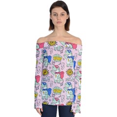 Seamless Pattern With Many Funny Cute Superhero Dinosaurs T-rex Mask Cloak With Comics Style Off Shoulder Long Sleeve Top by Ravend