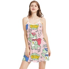 Seamless Pattern With Many Funny Cute Superhero Dinosaurs T-rex Mask Cloak With Comics Style Summer Frill Dress by Ravend