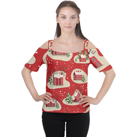 Christmas New Year Seamless Pattern Cutout Shoulder Tee by Jancukart