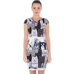 Cute Cat Hand Drawn Cartoon Style Capsleeve Drawstring Dress  by Jancukart